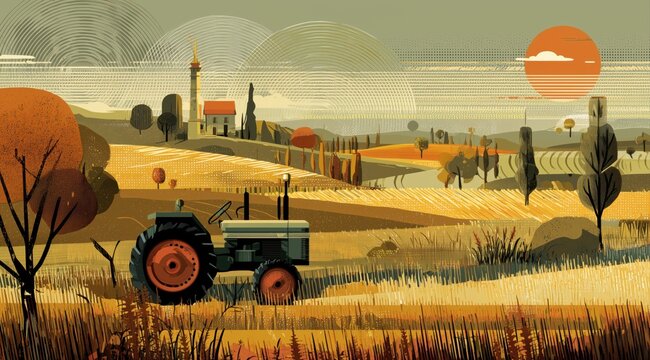 A tractor is driving on the field, with a lighthouse in the background and several radio waves above it.