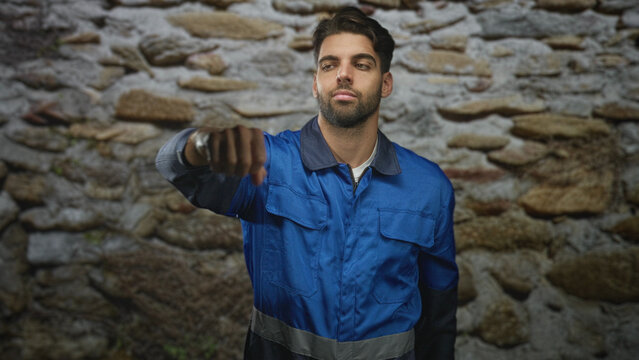 Man in blue work overalls extends right fist forward in a pointing gesture in front of a stone building wall; duty determination.