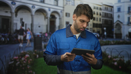 Man with beard in blue reflective work overalls holding tablet and tapping screen while checking...