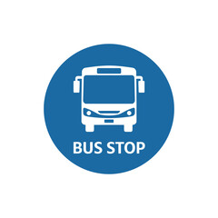 A blue circular sign displays a white bus icon and text