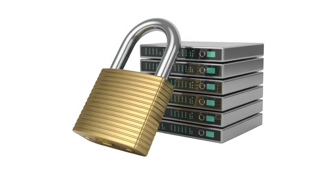 Padlock on server rack in secure data center with bright lighting for cybersecurity