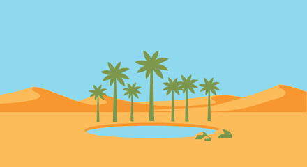 Obraz premium Desert oasis illustration palm trees waterhole sand dunes landscape