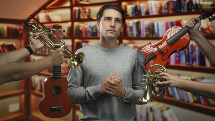 Man with clasped hands flanked by violin, trumpet and ukulele amid bookshelves in a library building  quiet contemplation. © Krakenimages.com