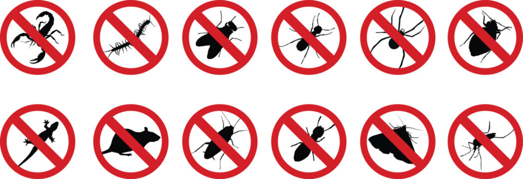 Set of Pest Control Warning Signs with Insect Silhouettes in Red Prohibition Circles, Vector Icons for Extermination Service and Hygiene Concept.