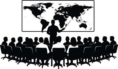Classroom silhouette, teacher pointing world map, students seated, geography education, global awareness, lecture presentation, learning environment, academic training, knowledge sharing, flavector © MstMarufa