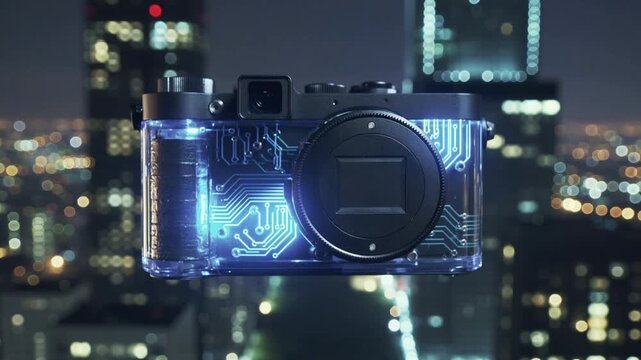 Futuristic digital camera with circuit board floating over cityscape at night
