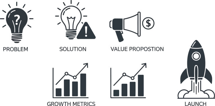Startup launch infographic with problem solution growth