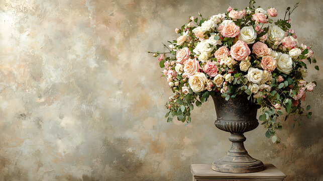 A vase of flowers sits on a table in front of a wall