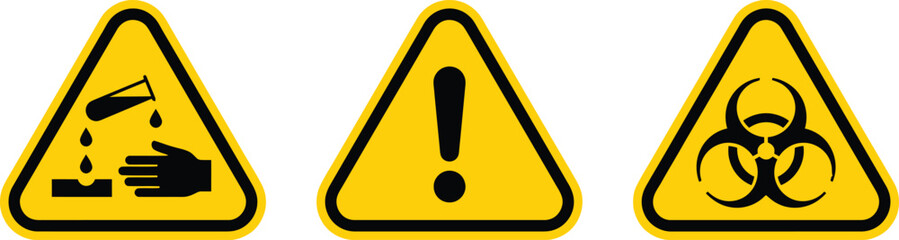 Set of Hazard Warning Signs – Corrosive, General Danger and Biohazard © designx