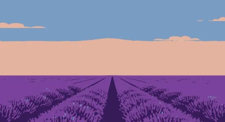 Fototapete Warmes Lila Lavender field under blue sky scenic landscape illustration  © satriagetok