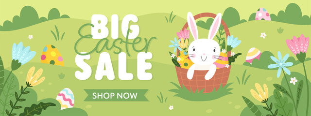 Obraz premium Fun hand drawn Easter design with cute bunnies, flowers and decorative elements, great as banners, wallpapers, poster - vector