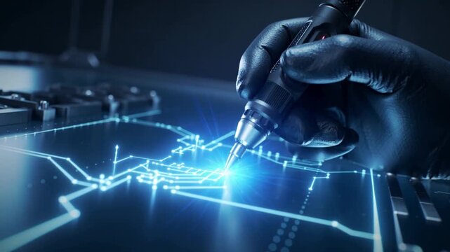 Gloved hand using precision tool on glowing circuit board with blue light effects in tech