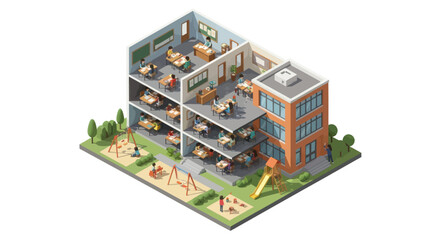 Isometric School Building with Classrooms, Students, and Playground