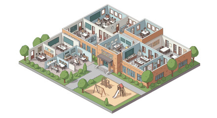 Obraz premium Isometric School Building Layout with Classrooms, Playground, and Students