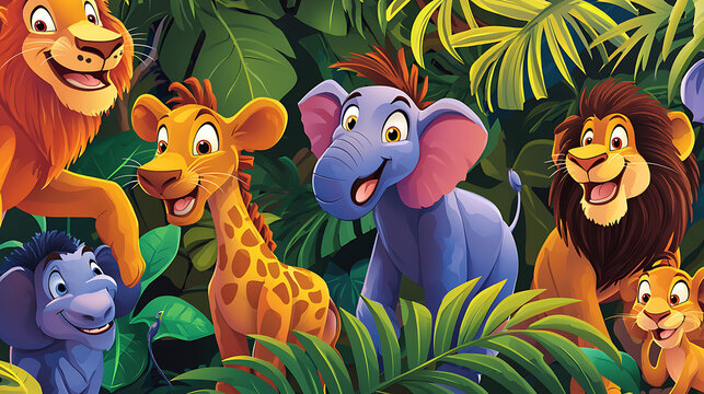 A group of cartoon animals are standing in a jungle