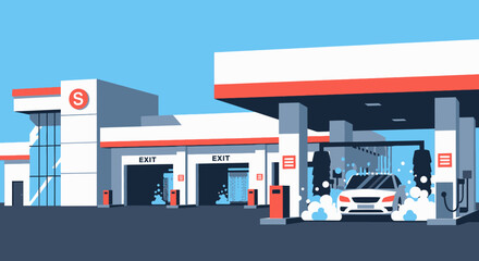 Fototapeta premium Modern car wash station illustration against blue background