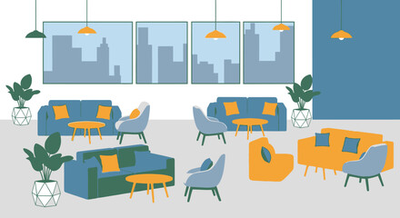 Obraz premium Modern interior design stylish living room with sofas tables plants and city view
