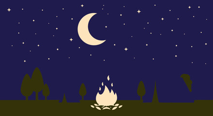 Nighttime camping illustration with fire trees stars and moon vector design