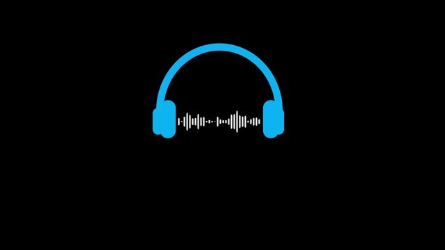 lue headphones icon with white animated audio sound wave on black background