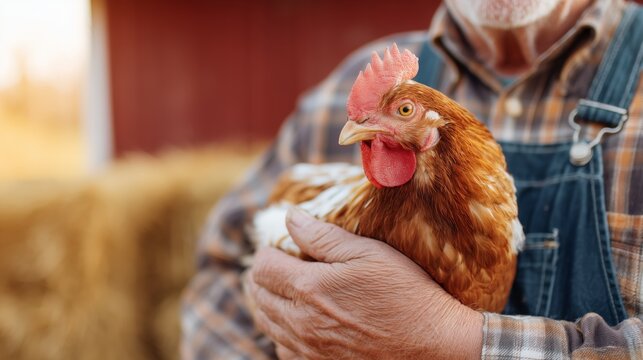 Farmer Gently Holding a Hen. Close-up of a farmer holding a brown hen in a barn, depicting rural life, animal husbandry, and agricultural tradition.