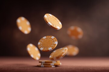 Golden casino chips falling and stacking on table, representing gambling, poker, or game concept on brown background