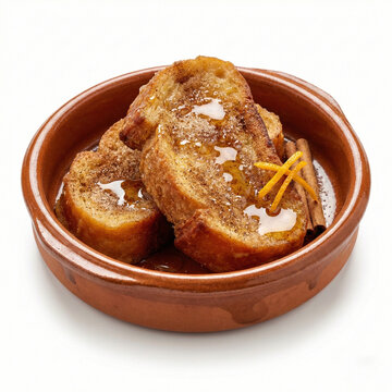 Traditional Spanish torrijas with honey and cinnamon in clay bowl