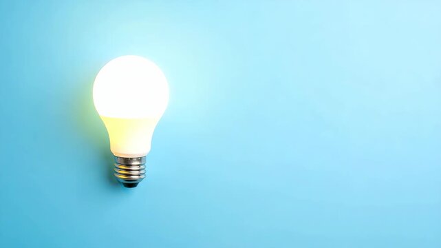 Glowing LED light bulb shining on a bright blue background symbolizing creative ideas and innovation