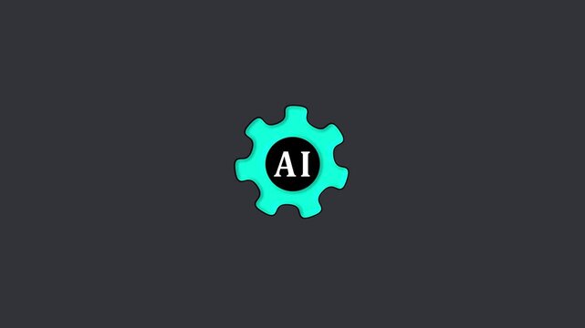 Cyan gear icon with " AI" text inside a black circle on a dark gray background artificial intelligence