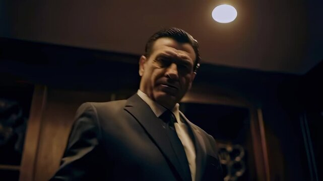 Man with phone. Man holding vintage phone under light. Stern man with retro receiver in shadowed setting. Man in formal attire speaking on oldfashioned telephone with intense expression