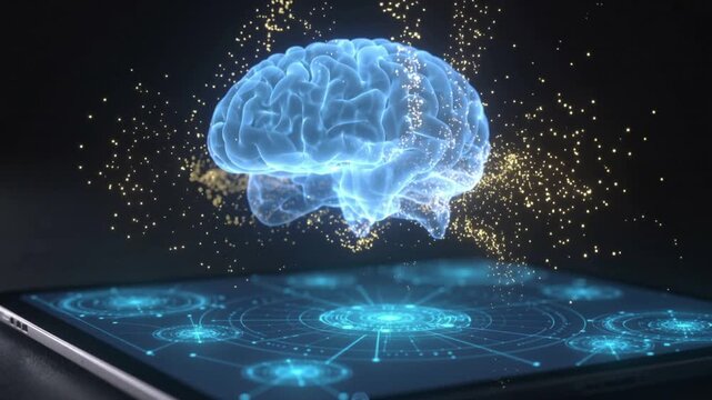 Digital brain hologram emerging from tablet with neural network connections