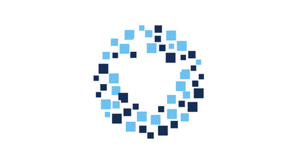 Abstract geometric design featuring an open circle formed by blue and navy squares on white