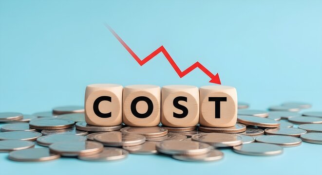 Wooden cubes spelling "COST" are neatly arranged on a scattered pile of shiny silver coins, visually demonstrating a significant reduction in expenses with a prominent downward-pointing red arrow indi