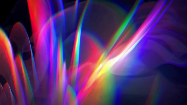 Colorful abstract light patterns transition smoothly across three frames, showcasing vibrant hues and dynamic shapes against a dark background in a visually captivating sequence