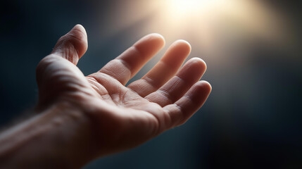 Obraz premium Close-up of a trembling hand with a visible skin condition extended upward toward soft heavenly light, defocused dark background, healing prayer, illness, hope, faith, God's mercy, Christian