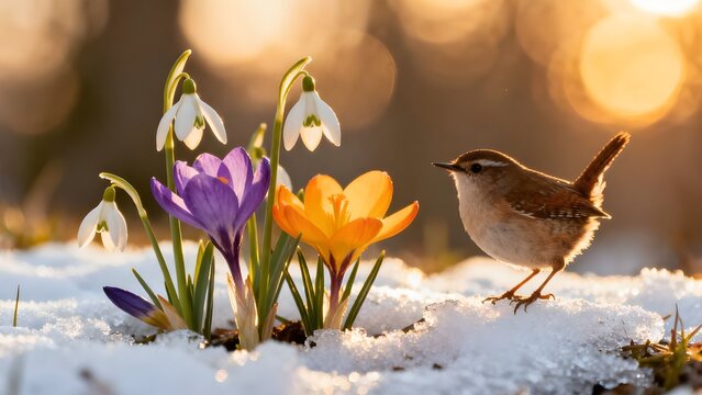Primavera e fine inverno: fioritura dei crochi fra la neve sciolta e piccolo scriccioli