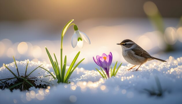 Primavera e fine inverno: fioritura dei crochi fra la neve sciolta e piccolo scriccioli