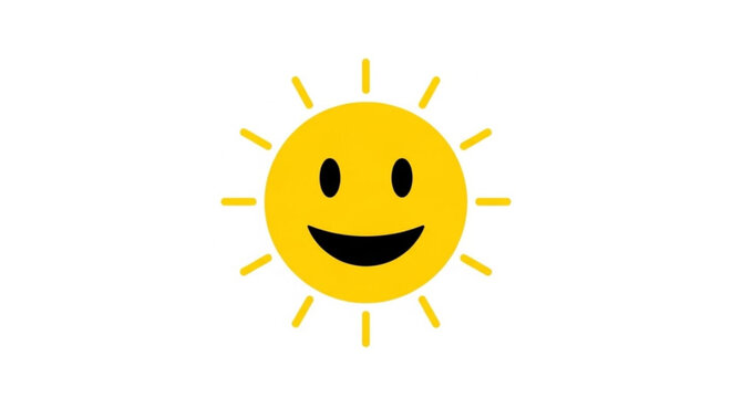 Smiling sun with yellow rays on white background symbolizing happiness and warmth in a simple cartoonish style