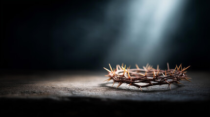 Dramatic image of a crown of thorns on dark stone surface illuminated by a single shaft of light, defocused crosses in background, Good Friday, sacrifice, Passion, Easter, suffering, redemption,