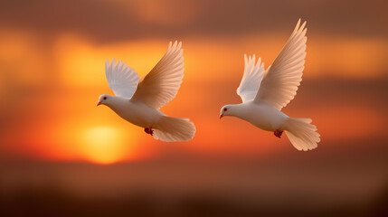 Fototapeta premium Pair of white doves in flight against a blazing orange sunset, wings fully extended, defocused horizon clouds below, peace, freedom, holy spirit, hope, divine symbol, spirituality, faith,