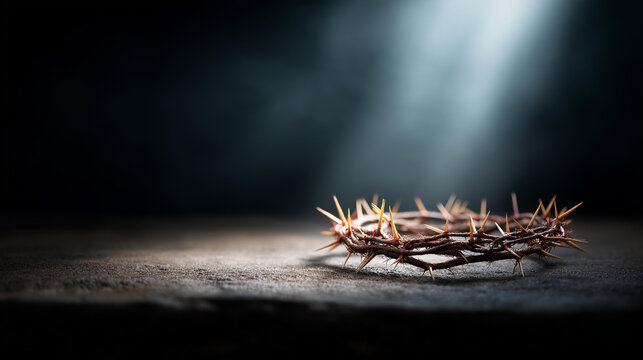 Dramatic image of a crown of thorns on dark stone surface illuminated by a single shaft of light, defocused crosses in background, Good Friday, sacrifice, Passion, Easter, suffering, redemption,