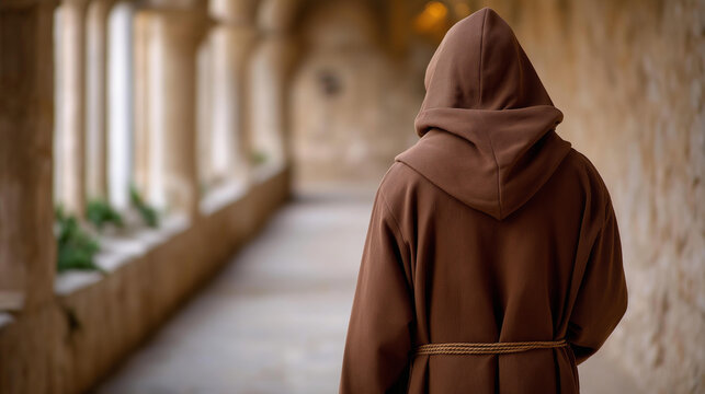 Faceless Franciscan friar in brown robes walking along a stone monastery corridor, holding prayer beads, defocused arched stone windows with soft light behind, monk, faith, Catholic life,