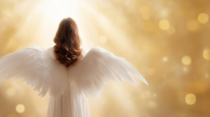 Naklejka premium Glowing female figure with large feathered white wings in a beam of heavenly light, faceless, soft defocused golden background, angel, heaven, divine beauty, spiritual guardian, ethereal, hope,