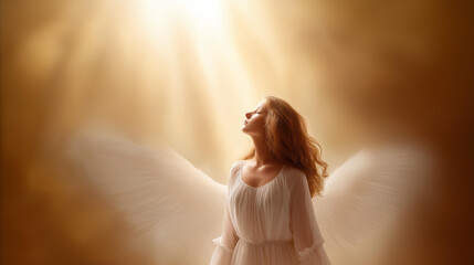 Naklejka premium Glowing female figure with large feathered white wings in a beam of heavenly light, faceless, soft defocused golden background, angel, heaven, divine beauty, spiritual guardian, ethereal, hope,