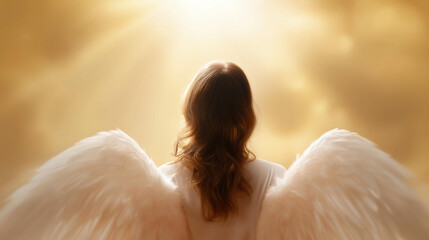 Naklejka premium Glowing female figure with large feathered white wings in a beam of heavenly light, faceless, soft defocused golden background, angel, heaven, divine beauty, spiritual guardian, ethereal, hope,