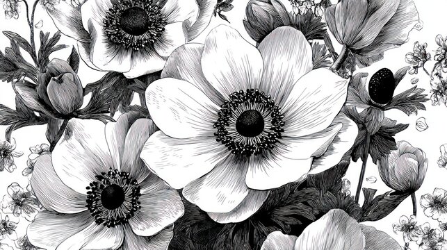 Close up monochrome floral arrangement of anemone flowers soft focus illustration