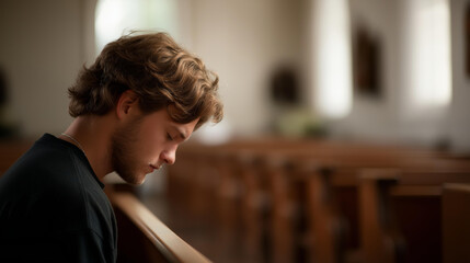 Fototapeta premium Faceless young man seated alone in a long church pew, head slightly bowed in thought, defocused rows of pews stretching into distance, faith journey, contemplation, solitude, religion, devotion,