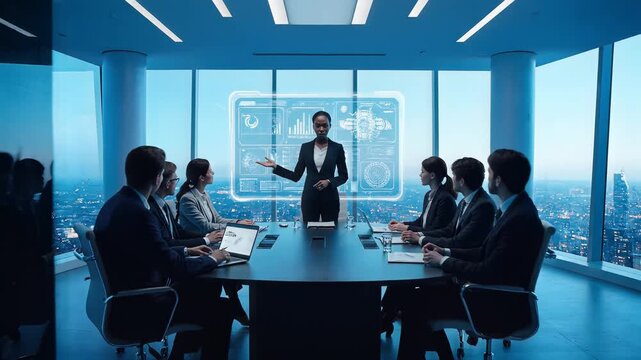 Strategic Vision: A poised leader, empowered with visionary foresight, guiding a dynamic team through a decisive strategic briefing within a cutting-edge corporate environment.