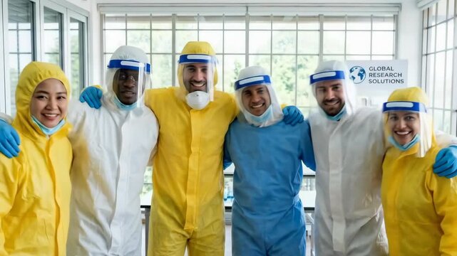 Diverse team of scientists in protective suits and face shields smiling, celebrating successful research. Scientific collaboration and medical breakthrough concept