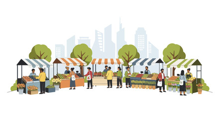 People Shopping at Outdoor Farmers Market with City Skyline Background © Andi