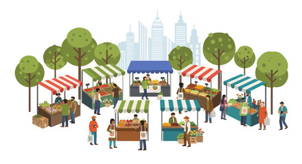 Diverse Farmers Market Scene with Shoppers and City Skyline Background © Andi
